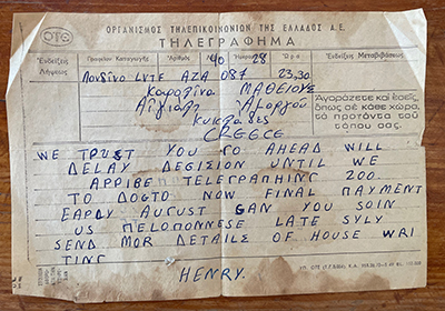 Picture of Telegram from Henry Matthews to Carolina Matthews agreeing to the purchase of the house in Langatha. 